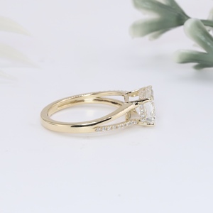 Yellow Gold Vintage Emerald Cut Lab Grown Diamond Engagement <b>Ring</b> with <b>Split</b> Shank Micro Pave Wedding Band for Women - Product Image 2