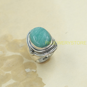 Anillo de Amazonita Natural con Plata de Ley 925, Hecho a Mano, Estilo Boho, Cabujón Ovalado, Joyería de Diseño Vintage para Él, Unisex - Product Image 4