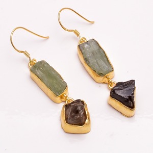 <b>Gold</b> Plated Brass Drop <b>Earrings</b> With Raw Green Kyanite And Pink Natural Stone Bohemia Style Women's Jewelry USA wholesaler - Product Image 2