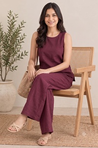 <b>Women's</b> Two Piece <b>Linen</b> <b>Set</b> Sleeveless O-Neck Top With Wide Leg Pants Loose Fit Solid Color Casual Spring Summer Wear - Product Image 1