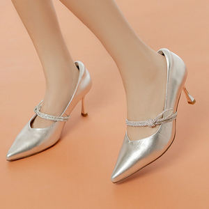 Chaussures à talons fins de 7,5 cm pour femme Ann'S, idéales pour mariage ou soirée, en tissu jacquard à bride unique, ornées de strass, couleur argent - Product Image 2