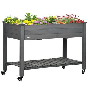 Fioriera Rialzata in Legno Grigio Scuro 119x53 cm con Ruote Bloccabili e Ripiano Portaoggetti - Letto da Giardino Rialzato per Attrezzi da Giardino - Product Image 1