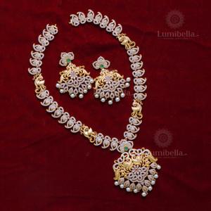 Rose Gold Plated <b>Bridal</b> <b>Jewelry</b> <b>Set</b> Ganga Jamuna Polish Long Haram and Earrings with Peacock Matte Engravings - Product Image 2