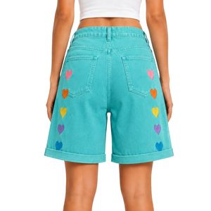 Short en jean pour femme, bleu turquoise, avec broderie cœur arc-en-ciel, taille haute, coupe décontractée, ourlet retroussé, en coton, mode estivale - Product Image 2