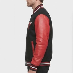Novedades: Chaqueta Varsity Negra para Hombre con Mangas de Cuero PU Rojo, Bordado de Cabeza de Toro, Botones a Presión y Diseño Color Block - Estilo Béisbol - Product Image 4