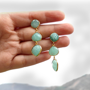 Bridal Gift Jewelry Checker Cut Natural Amazonite Triple Stone Stud Drops 18k Gold Plated Bezel Setting Statement Brass <b>Earring</b> - Product Image 5