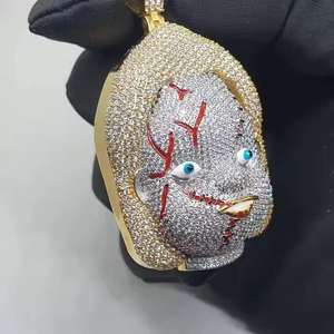 Pendentif Hip Hop glacé en argent sterling 925, avec moissanite sertie en clos, motif visage de poupée long et massif, thème Halloween Horreur, unisexe, pour soirée - Product Image 2