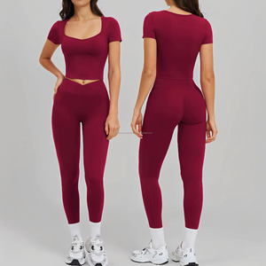 <b>Women's</b> 2 Piece Yoga Set Solid Color High Waist Crop Top With <b>Short</b> Sleeve Full Length <b>Leggings</b> Activewear - Product Image 1