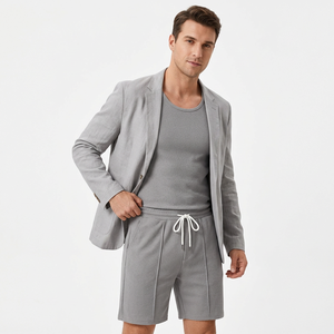 2027 AW Men's Gray Knitted Tank Top Set Crew Neck Solid Color Breathable Eco-Friendly Casual Summer Wear 100% Cotton <b>Shorts</b> - Product Image 2