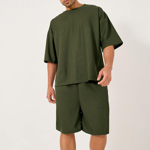 Men's Summer Casual 2-Piece <b>Set</b> Olive Green Cotton T-Shirt Shorts Crew Neck Breathable <b>Knitted</b> Solid Color Workout Wear - Product Image 1