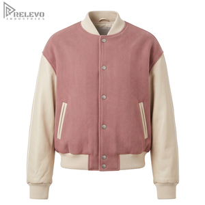 Veste universitaire personnalisée unisexe, rose poudré, manches en cuir crème, veste bomber, conception personnalisée OEM/ODM, veste universitaire pour hommes et femmes - Product Image 1