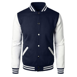 Veste universitaire bleu marine pour homme, manches blanches, col rabattu, fermeture éclair, couleur unie, style preppy, vêtement d'automne - Product Image 3