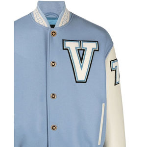<b>Men's</b> Light Blue Varsity <b>Jacket</b> With White Letter V Embroidery And Greek Key Trim Preppy Style Autumn Wear - Product Image 5