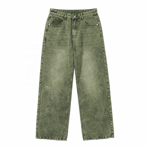 Jean en denim vert délavé coupe droite taille haute décontracté cinq poches en coton pour homme – Collection automne - Product Image 5