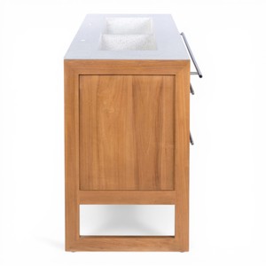 Meuble de salle de bain en teck massif artisanal écologique indonésien avec tiroirs en rotin, plan de travail en pierre artificielle et double vasque - Product Image 4