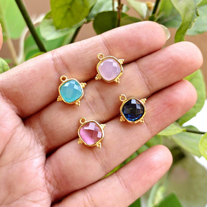 Wholesale jewelry cushion cut gemstone <b>pendant</b> charms connector beaded design 18k gold plated diy single <b>bail</b> making jewelry - Product Image 4