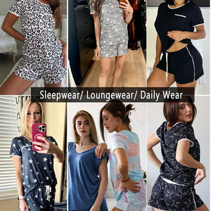 Conjunto de 2 Piezas para Mujer, Estampado Azul, Cuello Redondo, Manga Corta, Corte Holgado Informal, con Bolsillo, Ropa de Dormir Transpirable de Algodón - Product Image 5