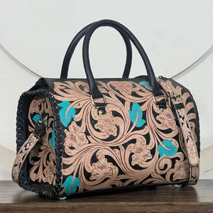 Chic Attire Women's Hand-Tooled Floral Genuine Leather 15-Inch Turquoise Leaf Design Lightweight Durable Eco-Friendly <b>Duffel</b> <b>Bag</b> - Product Image 5
