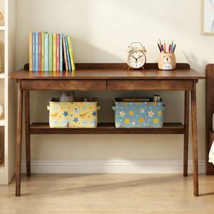 Scrivania in Legno Massello con 2 Cassetti e Ripiano Portaoggetti, Stile Mid-Century Moderno per Ufficio Domestico e Spazi Ristretti - Product Image 4