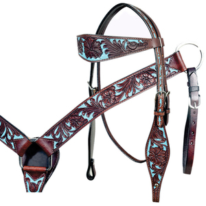 Premium Western <b>Leather</b> Headstall Breast Collar Reins Set Hand <b>Tooled</b> Horse Riding Tack - Product Image 1
