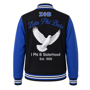 เสื้อแจ็คเก็ตฟลีซ Zeta Phi Beta สำหรับผู้หญิง สีดำ สีน้ำเงินรอยัล แขนเสื้อแบบ Varsity ติดกระดุมแบบ Snap ปักลายตราสัญลักษณ์ ตัวอักษร Sorority แบบ Letterman Coat - Product Image 4