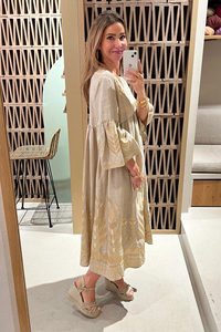 Vestido Kaftán Beige de Lujo para Mujer, con Estampado Dorado, Estilo Boho, Holgado, Tejido de Punto, Ecológico, con Borlas, para Verano - Product Image 3