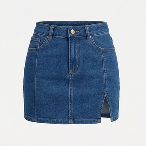 Minifalda de Mezclilla de Cintura Alta para Mujer, Estilo Lápiz con Abertura Lateral, Color Sólido Informal para Usar en Todas las Estaciones - Product Image 1