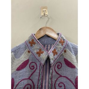 Floral Embroidered Cotton Winter <b>Jacket</b> <b>Women</b> Mandarin Collar Full Sleeve Open Front Handmade Design - Product Image 3