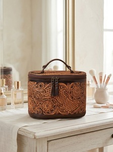 Vintage Hand Tooled Genuine Leather Jewelry Case Floral Carved Zipper Clutch Organizer Portable Travel <b>Makeup</b> Storage <b>Box</b> Lady - Product Image 2