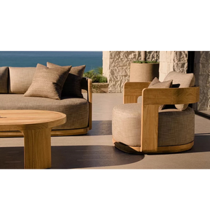 Contemporary Modern Outdoor Dining <b>Table</b> Solid Teak <b>Round</b> Top and Cross-Shaped Support Base Elegant Resort <b>Patio</b> Furniture - Product Image 6