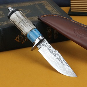 มีดสกินเนอร์เหล็กดามัสกัสแบบสั่งทำพิเศษ ด้ามเขาสัตว์ ใบมีดแบบ Fixed Blade ปลายแหลมตรง พร้อมปลอกหนัง - Product Image 2