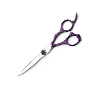 Tijeras de barbero de acero inoxidable con acabado espejo, mango de color púrpura, para diestros, para uso profesional. - Product Image 3