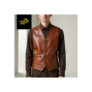 เสื้อกั๊กหนังแท้สีดำสำหรับผู้ชาย Champ King ทำมือ ระบายอากาศได้ดี น้ำหนัก 360 กรัม เหมาะสำหรับฤดูหนาว สไตล์คาวบอย ไบค์เกอร์ คอตั้ง - Product Image 1