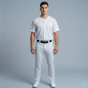 Wholesale Custom Men's Blank Pinstripe Baseball Uniform Set Button-<b>Down</b> Jersey and <b>Pants</b> Teamwear - Product Image 1