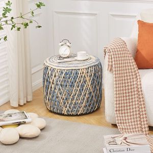 Boho Modern Home Decorative <b>Pouf</b> Ottoman Natural Seagrass with Soft Padded Seat Hand Woven Footstool Bohemian Style Foot Stool - Product Image 3