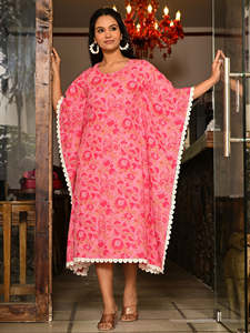 Vestido Kaftan para Mujer, Azul con Estampado Geométrico, 100% Algodón Natural, Cintura Ajustada, Transpirable, con Borde de Encaje, Manga Murciélago, Corte Holgado, Largo hasta la Rodilla - Product Image 2