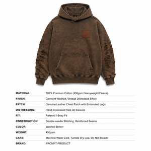 Sweat à capuche marron délavé vintage 450 g/m² pour homme, style workwear vieilli avec patch en cuir véritable, personnalisable OEM Sialkot - Product Image 6