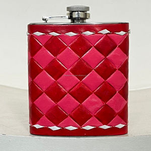 Wholesale Customized Hand Tooled Genuine Leather Stainless Steel Hip Flasks Colorful Checkered Cover Portable Liquor <b>Cooler</b> Bags - Product Image 4