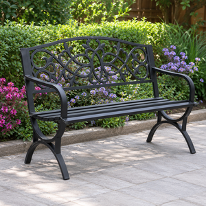 Black <b>Metal</b> Garden <b>Bench</b> Ornate Scroll Back Outdoor Patio Lawn Park Seating Decorative Furniture with Curved Armrest Premium - Product Image 2