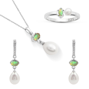 Opal & Freshwater Pearl Gemstone Fine Jewelry <b>Set</b> S925 Sterling <b>Silver</b> Necklace Earrings <b>Ring</b> Classic Style Women's Fine Jewelry - Product Image 1