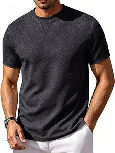 T-shirt à manches courtes pour homme, gris foncé, col rond, coupe ajustée, couleur unie, jersey décontracté, matière respirante en coton - Product Image 1