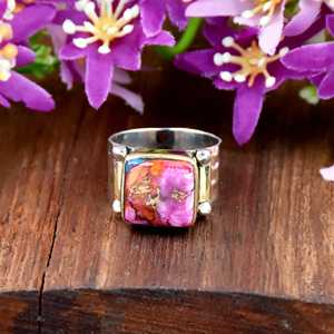 925 Sterling Silver Square Shape Pink Oyster <b>Turquoise</b> <b>Ring</b> Handmade Hammered Statement <b>Ring</b> Boho Chic Fine Jewelry for Women - Product Image 5