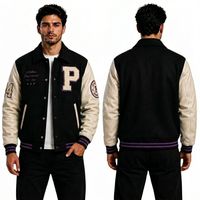 Veste universitaire de baseball pour homme, corps en laine beige, manches en cuir marron, col chemise, écusson en chenille en forme de R, style Letterman Stadium
