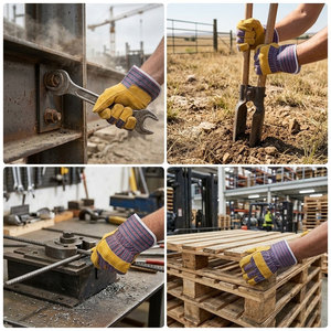 Guantes de Trabajo de Cuero Vacuno de Primera Calidad con Dorso de Algodón a Rayas y Puño de Seguridad para Uso Industrial y de Construcción Pesada - Product Image 5