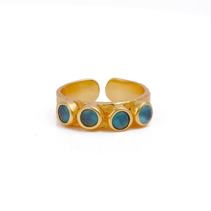 Anillos de Banda de Piedras Redondas Multicolores de Calcedonia Acuática y Latón, Chapados en Oro, Hechos a Mano, Ajustables, con Engaste de Piedras Preciosas, Anillos de Moda - Product Image 4