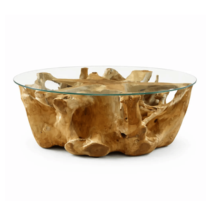 Mesa de Centro de Raíz de Teca Natural con Tapa de Vidrio Templado, Madera de Teca Sólida, Estilo Rústico de Lujo, Mesa de Centro Única para Sala de Estar - Product Image 1