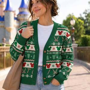 Cárdigan de Punto Verde para Mujer, Cuello en V, Botones, Suéter Jacquard de Invierno, Patrón de Mickey Mouse, Abrigo Informal - Product Image 1