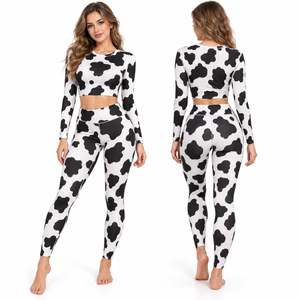 Regal Three LLC Women Cow Print <b>Long</b> <b>Sleeve</b> Crop <b>Top</b> High Waist Leggings 2 Piece Yoga Set Polyester Quick Dry <b>Gym</b> Fitness Set - Product Image 2