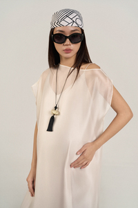 Women's <b>Red</b> <b>Silk</b> Organza Dress - Luxury Sheer, Asymmetrical Shoulder, Loose Straight Fit, Elegant Minimal Casual Style (ODM/OEM) - Product Image 5