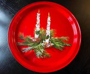 Red Round metal <b>Decorative</b> <b>Plates</b> with Poinsettia and Candle Design for Holiday Party Dishes - Product Image 4
